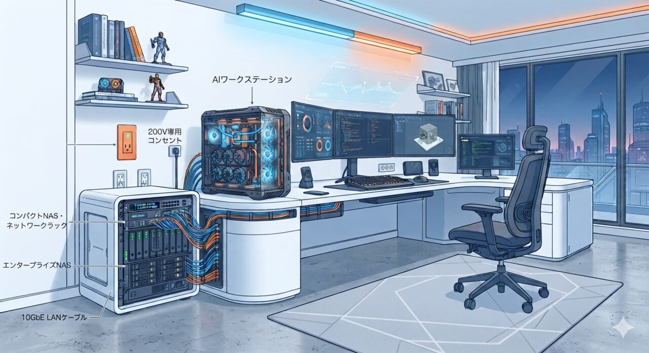 AIワークステーション、NAS、10GbEスイッチ、200V電源をまとめて診断する模式図