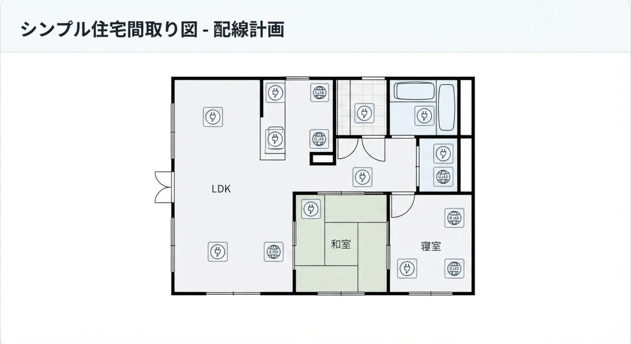 施主説明用の平面図に200V電源と10GbE LANの確認ポイントを示した図